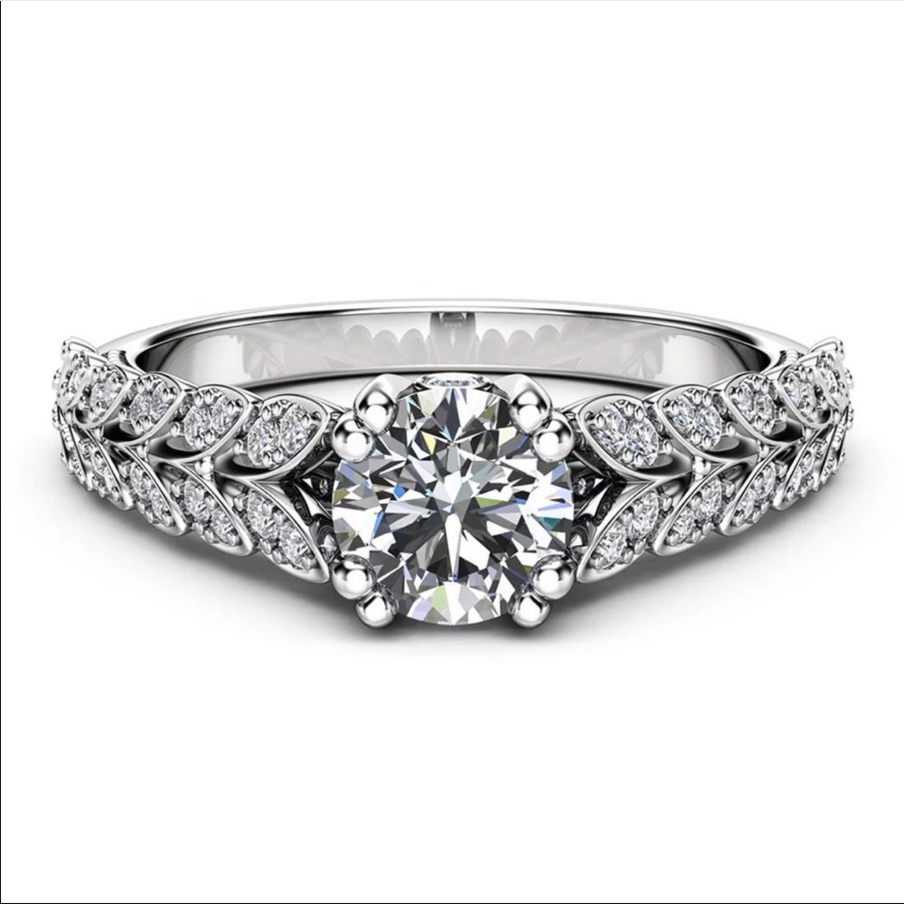 New 925 Silver Two Row Leaves Women’s Diamond Ring - Picture 2 of 4